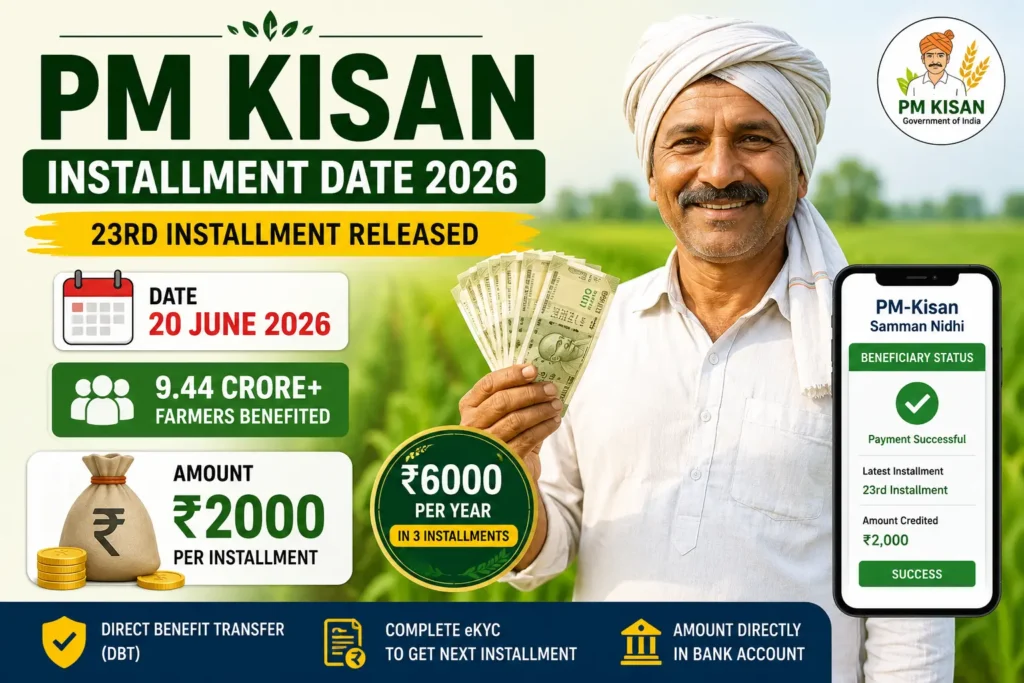 PM Kisan Installment Date 2026 showing 23rd installment released on 20 June 2026 with ₹2000 payment details and beneficiary status information.